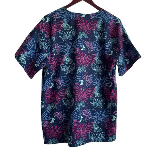 Shana Women Scrub Top L Navy Butterfly‎ Medical Uniform Nurse Workwear Dental - Picture 3 of 11